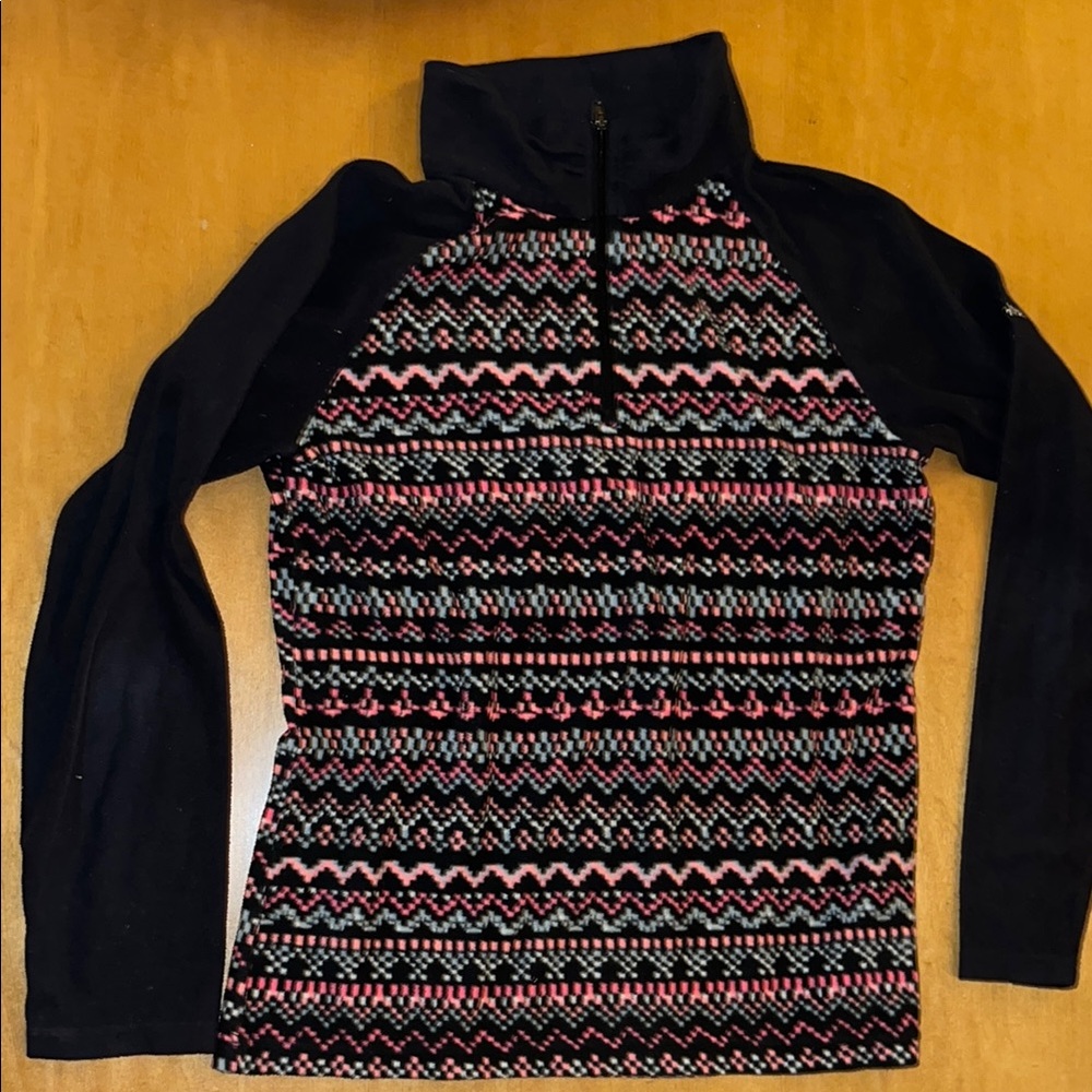 Columbia Black and Pink Ski Jacket with Geometric Patterns